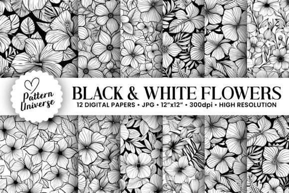 Black White Line Art Floral Patterns