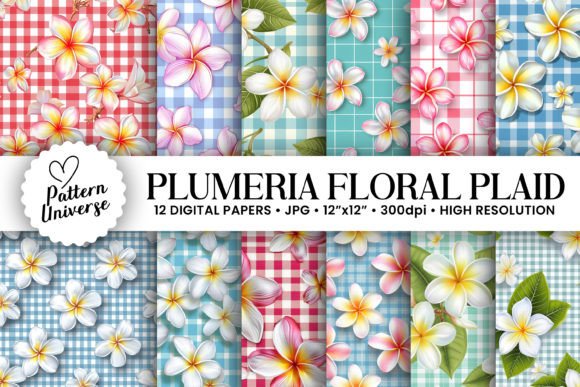 Plumeria Floral Plaid Seamless Patterns for Creative Projects