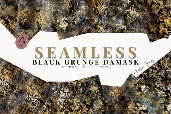Seamless Black Grunge Damask Patterns