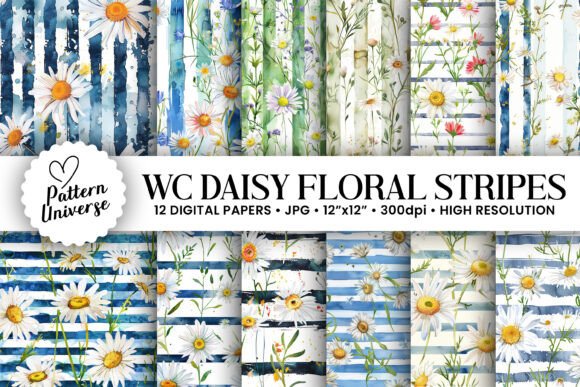 Watercolor Daisy Floral Stripes Patterns for Creative Design